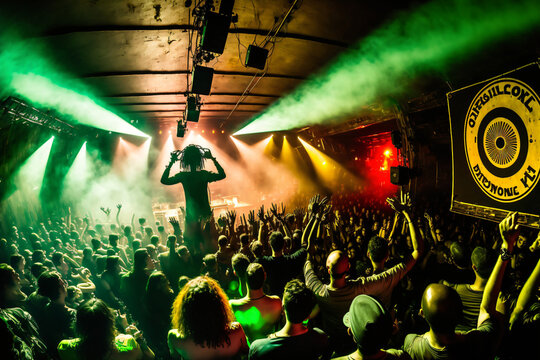 reggae party in a hall with thousands of people and colorful light with smoke, generative ai
