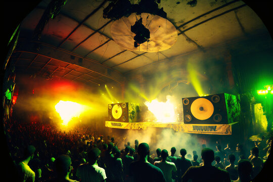 reggae party in a hall with thousands of people and colorful light with smoke, generative ai
