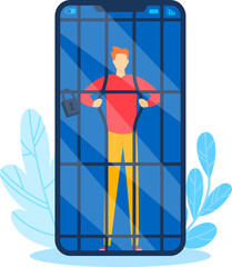 Addiction phone, internet screen, mobile smart phone, addict communication concept, design, cartoon style vector illustration.