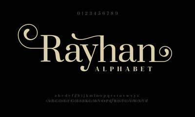 Rayhan abstract simple fashion wedding alphabet. Elegant ligature typography typeface design - obrazy, fototapety, plakaty