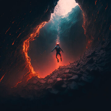 a diver's dive into a cave at the bottom of the sea