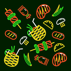 Mexican food. Pineapple juice, tacos and barbecue outline pattern