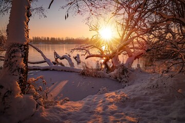 Zimowy zachód słońca Warmia Mazury