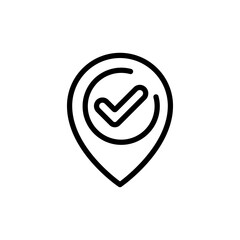 Label line icon. Check mark, marker, mark, goal, destination, route, notification, achievement. Geography concept. Vector black line icon on white background