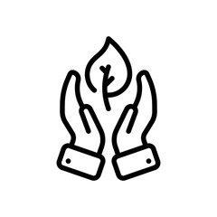 Hands with leaf line icon. Hands, man, plants, ecology, fauna, flora, planet, careful handling, protection, conservation. Nature concept. Vector black line icon on white background