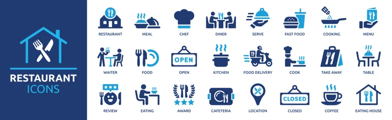 Rolgordijnen Restaurant icon set. Restaurant business and food delivery icon concept, containing server, meal, cooking, menu, restaurant, food delivery, fast food and dinner icons. Solid icon collection. © Icons-Studio