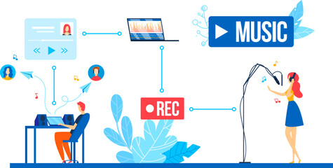 Music recording, studio sound, modern woman voice, professional man, isolated on white, design, cartoon style vector illustration.