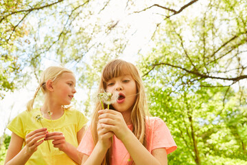 Girl blowing dandelions by friend in garden during vacation