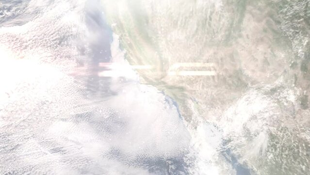 Earth zoom in from outer space to city. Zooming on Ventura, California, USA. The animation continues by zoom out through clouds and atmosphere into space. Images from NASA