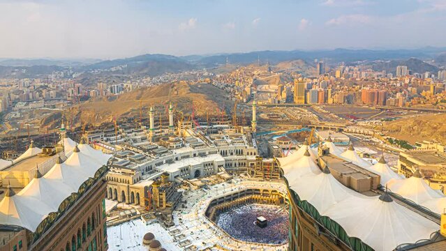 Time lapse wide angle of Muslim pilgrims circling around the holy Kaaba at day and praying inside al Masjid al Haram in Mecca, Saudi Arabia. Prores 4KUHD