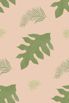 tropical leaves seamless pattern on dark beige background