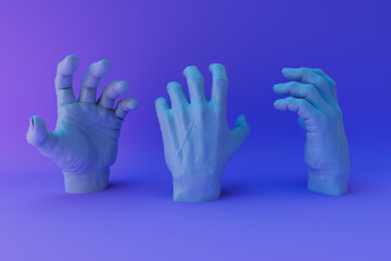 3d render of human hands in lilac tones.