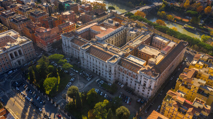 Aerial view of the Italian Navy Ministry building in Rome, Italy. In the background the river...
