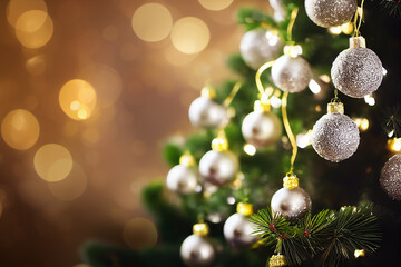 Beautiful fir tree Christmas tree with glass balls, baubles, and light decorations in front of bokeh background in a warm room. Can be used for festive banners, wallpapers, cards, and invitations.