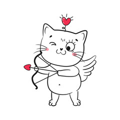 Cute cupid doodle cat. Valentine's day vector illustration.