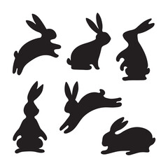 A collection of silhouettes of cute Easter bunnies. Black rabbit, wild hare, highlighted on a white background. Greeting card for children's party, vinyl sticker, pet sticker. Vector zoo icon in flat