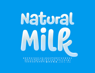 Vector artistic badge Natural Milk. White glossy Font. Modern set of Alphabet Letters and Numberselem