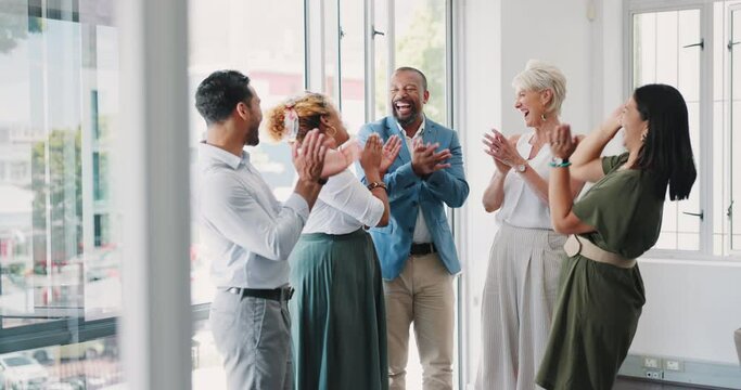 High five, applause and teamwork of business people in office for team building. Celebration, collaboration and group of happy staff clapping for support, motivation and success in workplace meeting.
