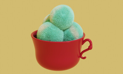 red cup with furry balls like clouds
