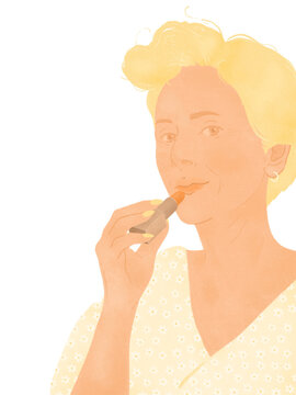 smiling mature lady applying a lipstick on transparent background
