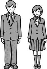 制服を着た学生男女の全身イラスト　前向き　モノクロ