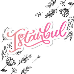 Istanbul. Hand lettering. Vector logo of Istanbul in black color with seagulls on white background. souvenir products, banner emblem, travel blog social media, brochure, flyer. Digital illustration.