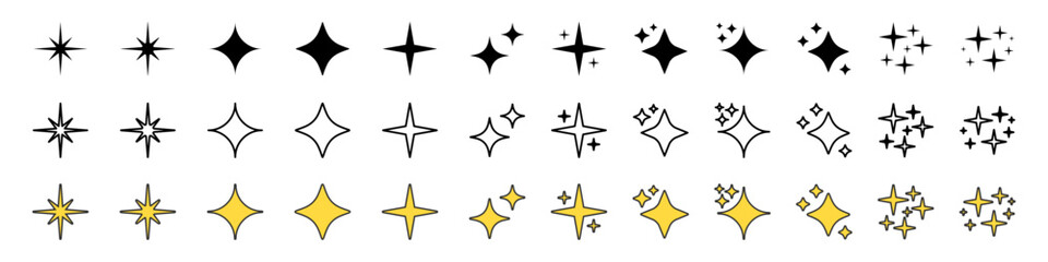 キラキラ光る夜空の星セット、イエロー、ゴールドの輝きベクターアイコンイラスト素材