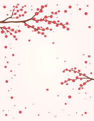 Obraz premium Peach blossoms, flowers, tree branches in bloom background. Traditional Asian, eastern style vector illustration. Design concept spring, Vietnamese Lunar New Year Tet promotion, sale, advertising