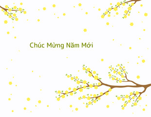 Yellow apricot blossoms, flowers, tree branches in bloom, Vietnamese text Happy New Year. Traditional Asian style background. Vector illustration. Design concept for spring, Lunar New Year Tet sale