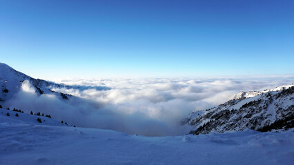 Fototapeta na wymiar An epic ocean of clouds and fog in the winter mountains. Shots of huge powerful white clouds and clear sky in the mountains. There is snow, coniferous trees grow on slopes. Clouds come in waves