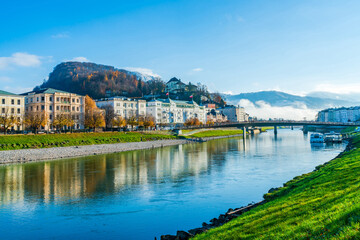 Fototapeta na wymiar View across the River Salzach in Salzburg, Austria