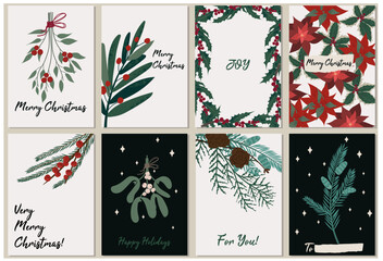 Vector set of Christmas cards with festive plants and flowers. Vector hand drawn illustration of fir pine needles, mistletoe, holly, and berries. Stylish flat elements for your design.