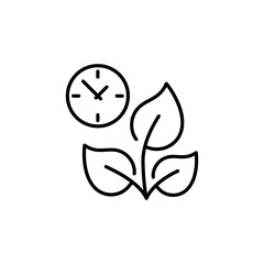 Plant line icon. Soil, earth, eco, ecology, flora, botany, ecosystem, plants, leaves, clock, time, biology. nature concept. Vector black line icon on white background