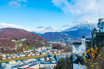 Aerial view of Salzburg from Hohensalzburg Fortress walls, Austria