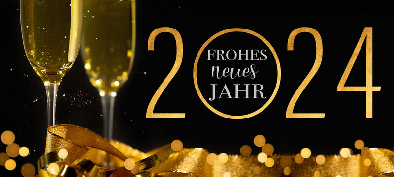 2024 Frohes neues Jahr Feiertag Grußkarte Banner - Goldener Glitzer Kreis mit deutschem Text und Sektgläser oder Champagnerglässer, schwarzer Nachthimmel im Hintergrund