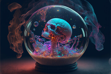 Skull with Lights in a Glass Globe, Generative AI