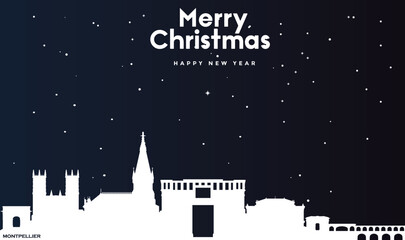 Christmas and New year dark blue greeting card with white panorama of Montpellier - obrazy, fototapety, plakaty