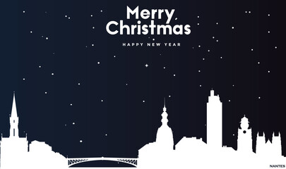 Christmas and New year dark blue greeting card with white panorama of Nantes