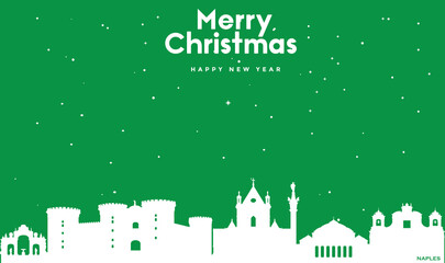 Fototapeta premium Christmas and New year green greeting card with white panorama of Naples
