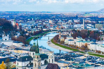 Obraz premium Aerial view of Salzburg across the River Salzach from Hohensalzburg Fortress walls, Austria