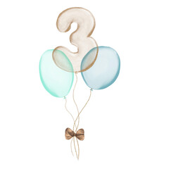 3 gold Birthday ballon with blue baloons. Number three glitter gold metallic balloon number with two blue balloons on transparent background. Design for sublimation designs, cards, invitations.