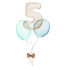 Fototapeta premium 5 gold Birthday ballon with blue baloons. Number five glitter gold metallic balloon number with two blue balloons on transparent background. Design for sublimation designs, cards, invitations.