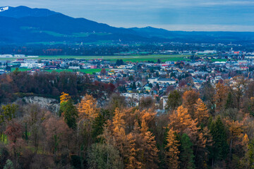 Aerial view of countryside around Salzburg from Hohensalzburg Fortress walls, Austria