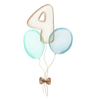 4 gold Birthday ballon with blue baloons. Number four glitter gold metallic balloon number with two blue balloons on transparent background. Design for sublimation designs, cards, invitations.