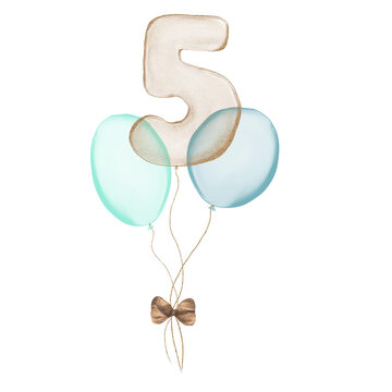 5 gold Birthday ballon with blue baloons. Number five glitter gold metallic balloon number with two blue balloons on transparent background. Design for sublimation designs, cards, invitations.