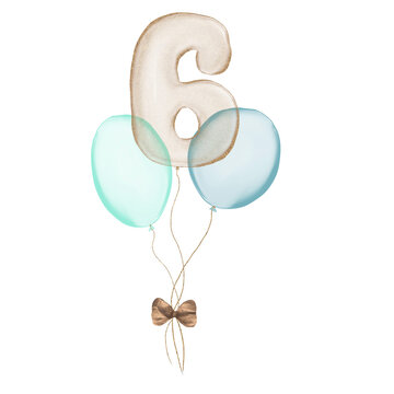 6 gold Birthday ballon with blue baloons. Number six glitter gold metallic balloon number with two blue balloons on transparent background. Design for sublimation designs, cards, invitations.
