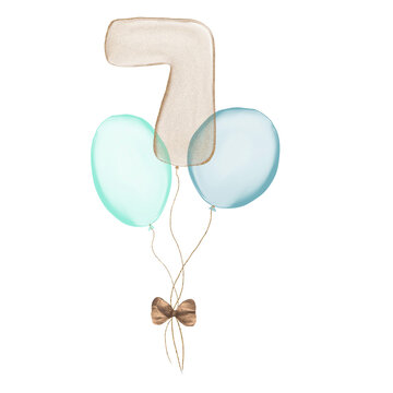 Seven gold Birthday ballon with blue baloons. Number seven glitter gold metallic balloon number with two blue balloons on transparent background. Design for sublimation designs, cards, invitations.
