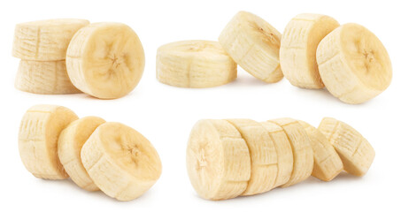 Collection of delicious banana slices, isolated on white background