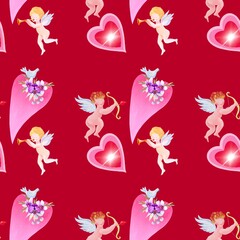 Valentines seamless pattern with angels and heart 