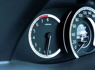 Tachometer indicator on car instrument panel, automotive part concept